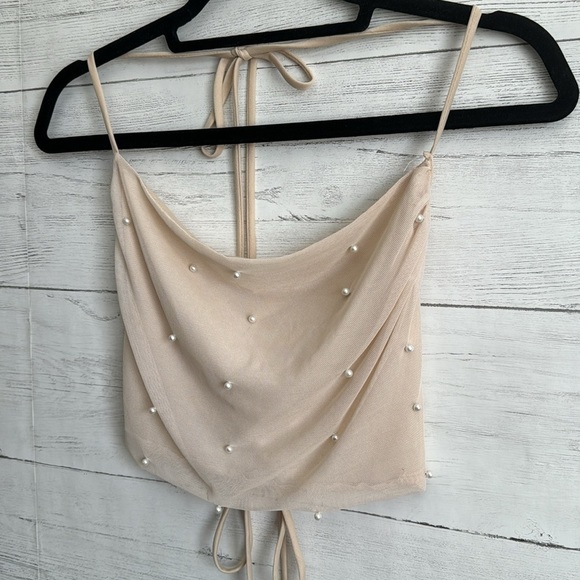 MistyRose Sheer Pearl Studs Open Back Crop Top | SIZE S - Picture 3 of 8